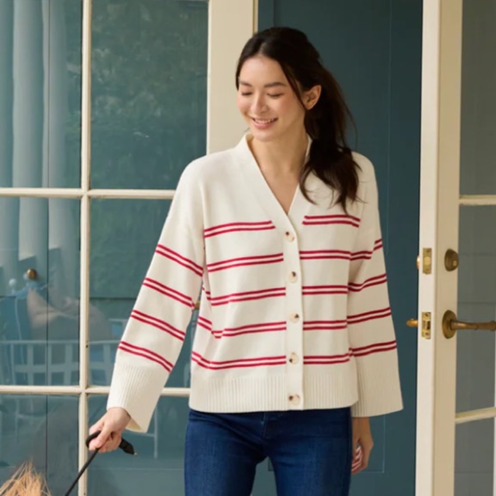 LAKE Nora Cotton Cardigan Ivory Red Stripe Size XL